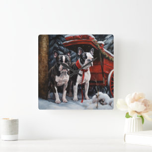 Reloj Cuadrado Boston Terrier Nevado Trineo Decoración de Navidad