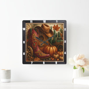 Reloj Cuadrado Bota de Cowboy en otoño occidental