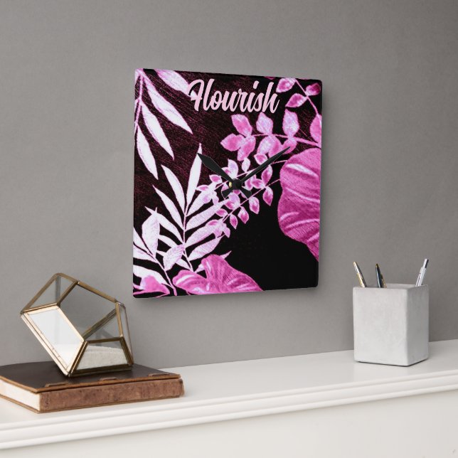 Reloj Cuadrado Botanical Tropical Leaves Palm Pink Personalized (Oficina)