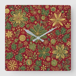 Reloj Cuadrado Botánico Navideño de Acebo Verde Dorado Vintage