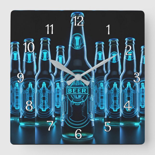 Reloj Cuadrado Botellas de cerveza Blue Neon (Anverso)