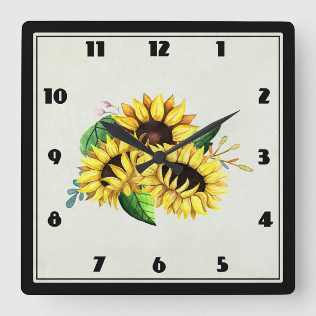 Reloj Cuadrado Bouquet de girasol amarillo en acuarela (Anverso)