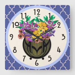 Reloj Cuadrado Bouquet floral Art Nouveau y mosaico azul francés