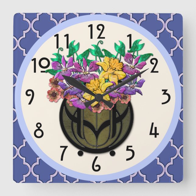 Reloj Cuadrado Bouquet floral Art Nouveau y mosaico azul francés (Anverso)