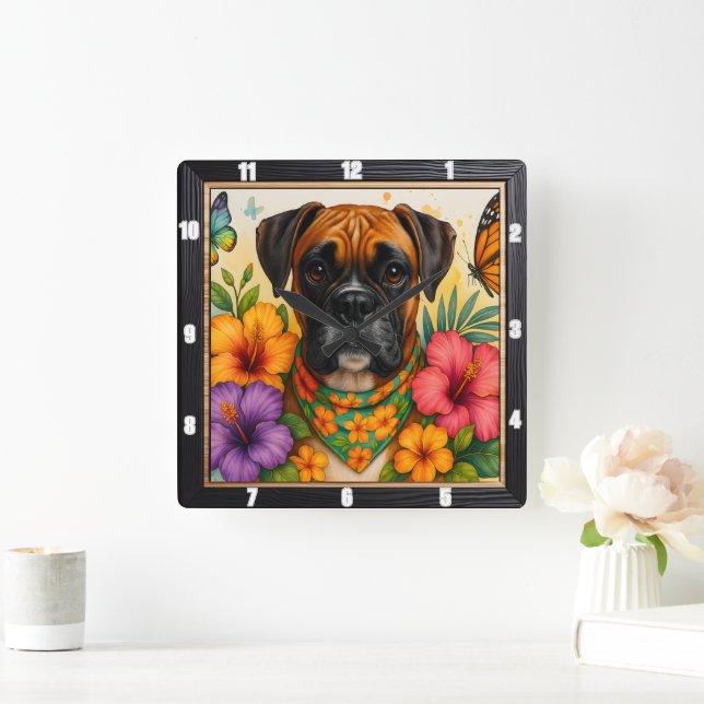 Reloj Cuadrado Boxer Dog Floral Mariposa (Hogar)