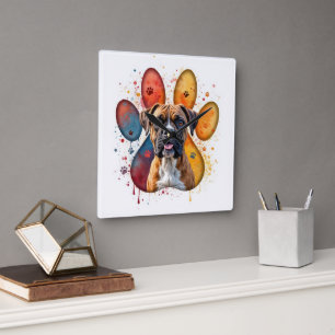 Reloj Cuadrado Boxer Dog In Watercolor Pawprint