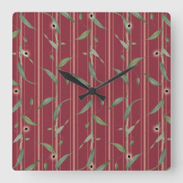 Reloj Cuadrado Branch of leaves on red wallpaper