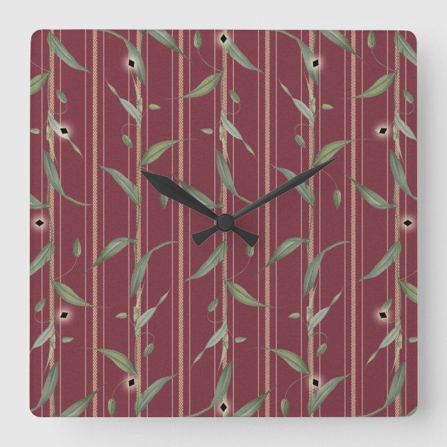 Reloj Cuadrado Branch of leaves on red wallpaper (Anverso)