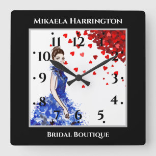 Reloj Cuadrado Bridal Shower Lady with Sparkly Blue Gown Hearts