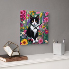 Reloj Cuadrado Bright Garden cat