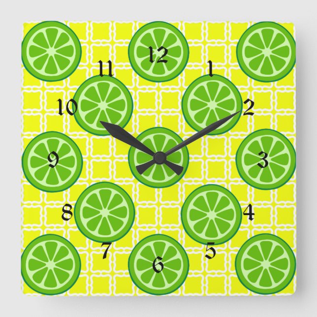 Reloj Cuadrado Bright Summer Citrus Limes on Yellow Square Tiles (Anverso)