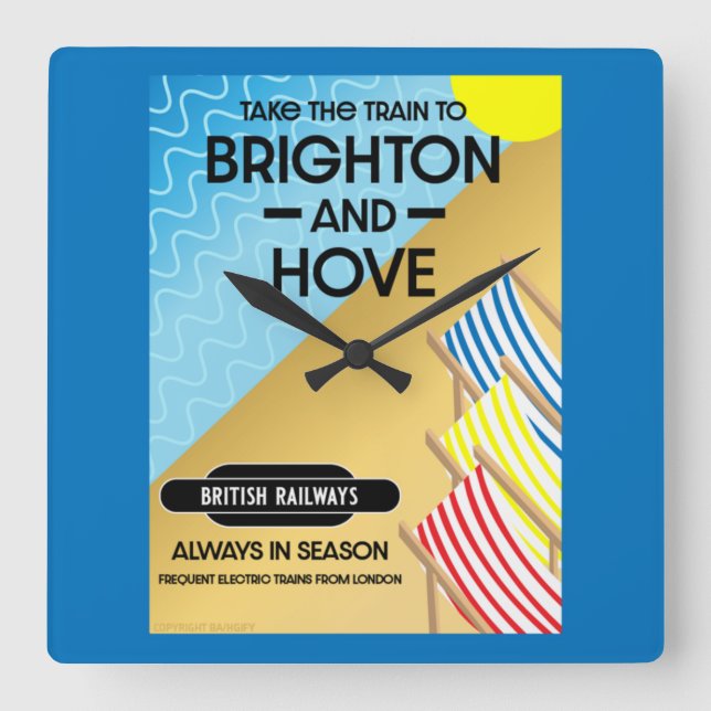 Reloj Cuadrado Brighton Y Hove Train Travel Beach Art (Anverso)