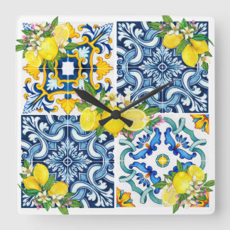 Reloj Cuadrado Brillante Mediterráneo Sicilia Tiles Citrus Lemons