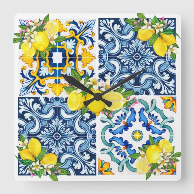 Reloj Cuadrado Brillante Mediterráneo Sicilia Tiles Citrus Lemons (Anverso)
