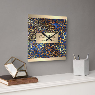 Reloj Cuadrado  Brillo Oro Lujo Piel Animal Leopardo Belleza