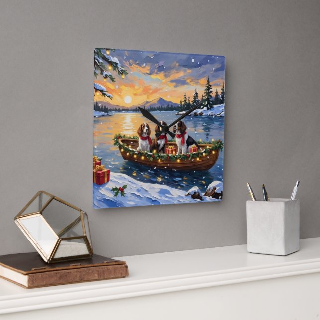 Reloj Cuadrado Brittany Spaniel Christmas Boat Holiday (Oficina)