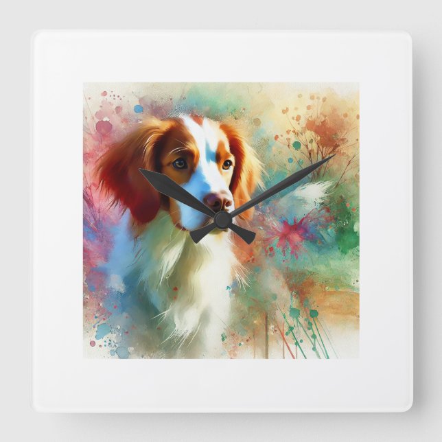 Reloj Cuadrado Brittany Spaniel Dog 100724AREF122 - Watercolor (Anverso)