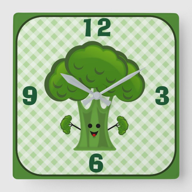Reloj Cuadrado Brócoli Verde Feliz (Anverso)