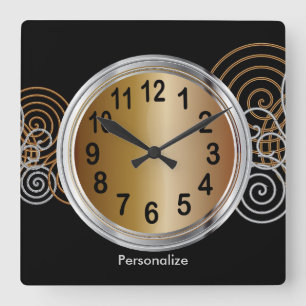 Reloj Cuadrado Bronce abstracto y diseño metálico de plata