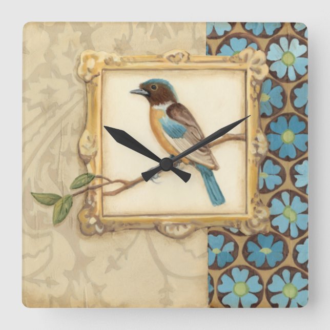 Reloj Cuadrado Brown and Blue Bird on a Branch Looking Up (Anverso)
