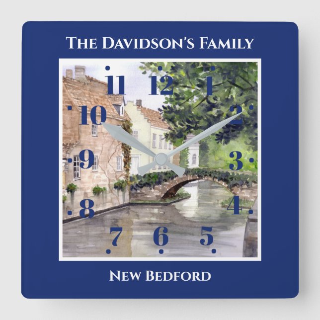 Reloj Cuadrado Bruges Belgium Watercolor Blue Square Frame (Anverso)