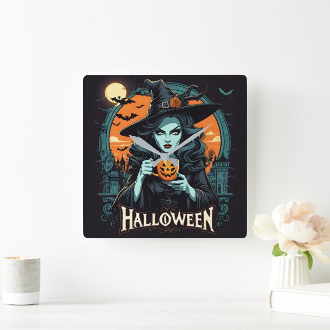 Reloj Cuadrado Bruja con calabaza en Halloween (Hogar)