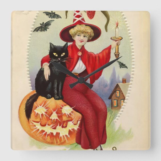 Reloj Cuadrado Bruja de Halloween y gato negro (Anverso)
