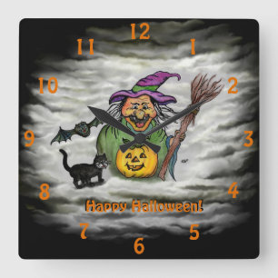 Reloj Cuadrado Bruja, gato, murciélago y calabaza, ¡Feliz Hallowe