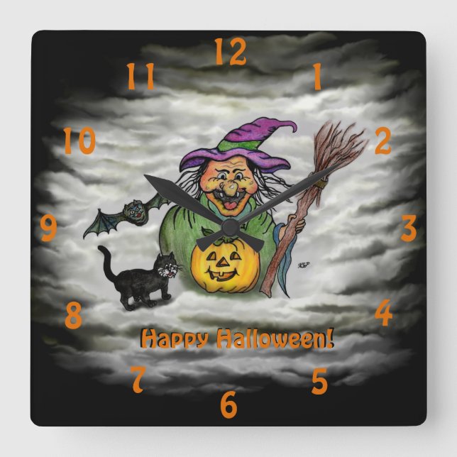 Reloj Cuadrado Bruja, gato, murciélago y calabaza, ¡Feliz Hallowe (Anverso)