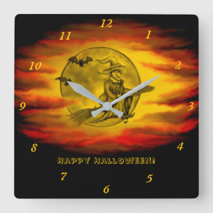 Reloj Cuadrado Bruja voladora con gato negro, noche de halloween