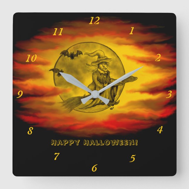 Reloj Cuadrado Bruja voladora con gato negro, noche de halloween (Anverso)