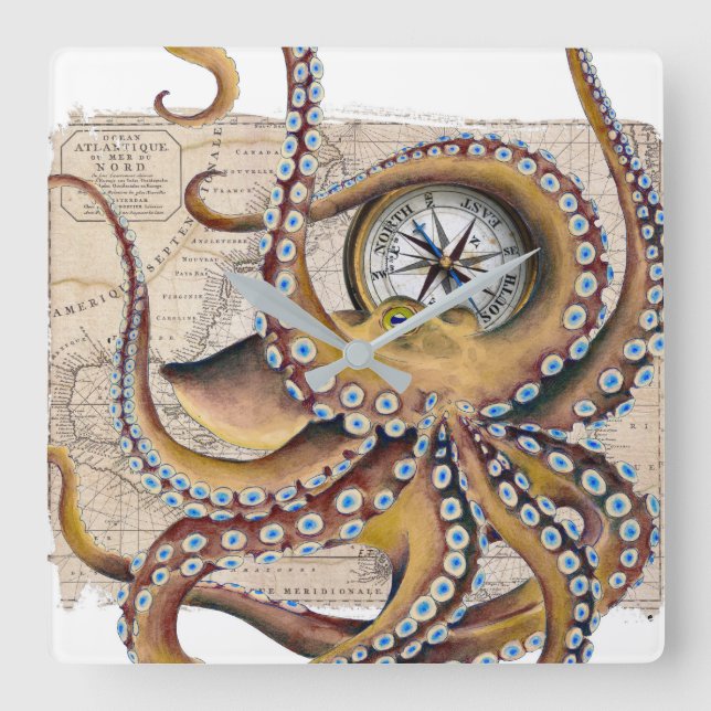 Reloj Cuadrado Brújula de mapa de cosecha de octopus marrón (Anverso)