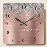 Reloj Cuadrado Brushed Metal Rose Gold Silver Glitter Monogram<br><div class="desc">Rose Gold - Blush Pink and Silver Faux Foil Metallic Sparkle Glitter Brushed Metal Monogram Name Clock. This makes the perfect sweet 16 birthday,  wedding,  bridal shower,  anniversary,  baby shower or bachelorette party gift for someone that loves glam luxury and chic styles.</div>
