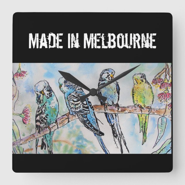 Reloj Cuadrado Budgie Budgerigar Bird Made In Melbourne Birds (Anverso)