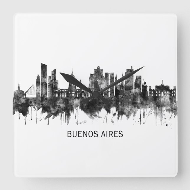 Reloj Cuadrado Buenos Aires Argentina Skyline BW (Anverso)