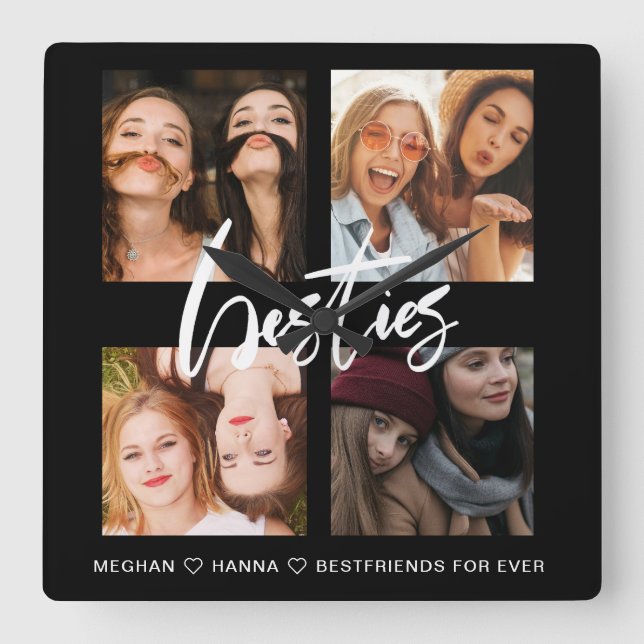 Reloj Cuadrado Buenos amigos en el collage de fotos en negro de B (Anverso)