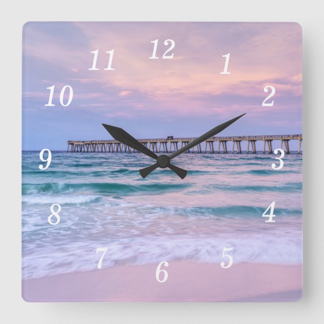 Reloj Cuadrado Buenos días Navarre Beach Pier Wall Clock (Anverso)