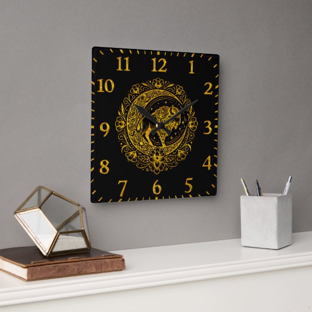 Reloj Cuadrado Búfalo de venado en intrincado patrón de diseño fl (Oficina)