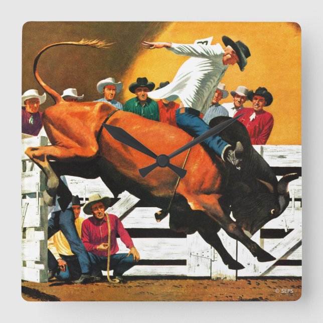 Reloj Cuadrado Bull Riding por Fred Ludekens (Anverso)