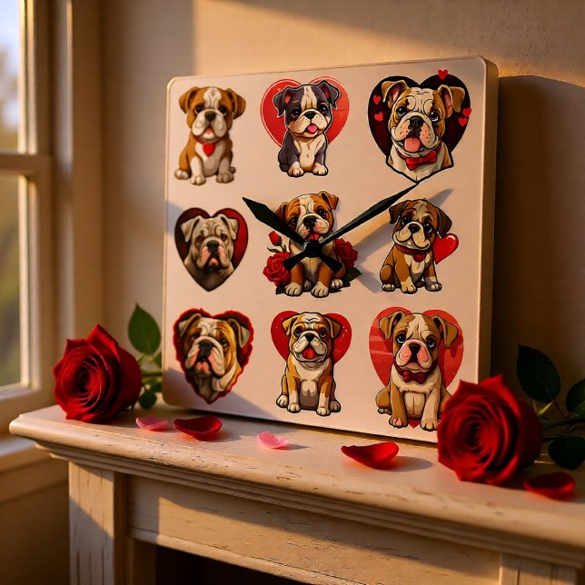 Reloj Cuadrado Bulldog de San Valentín (Cute Bulldog Love Square Wall Clock)