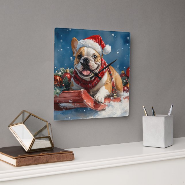 Reloj Cuadrado Bulldog en Sledge Let it Snow Navidades (Oficina)