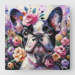 Reloj Cuadrado Bulldog francés con Rosas Pintura impresionista