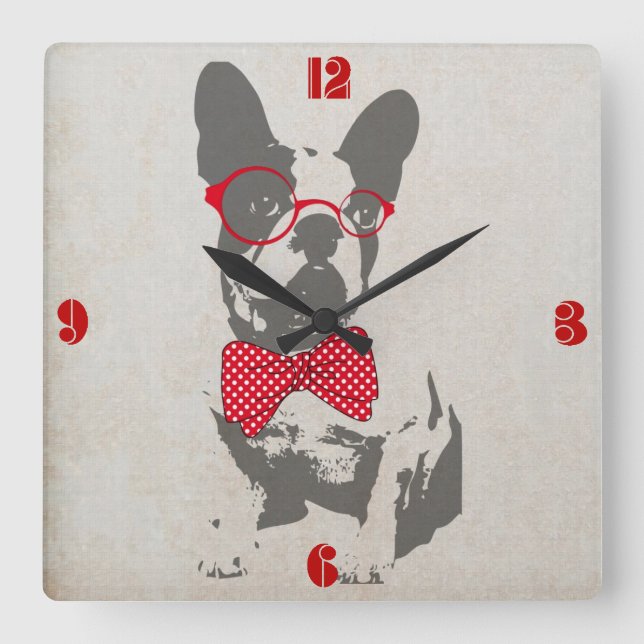 Reloj Cuadrado Bulldog francés divertido (Anverso)