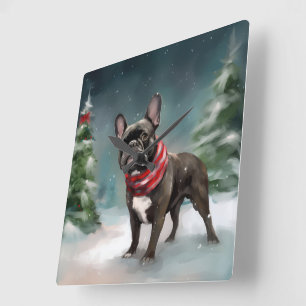 Reloj Cuadrado Bulldog Francés en Navidad con Nieve