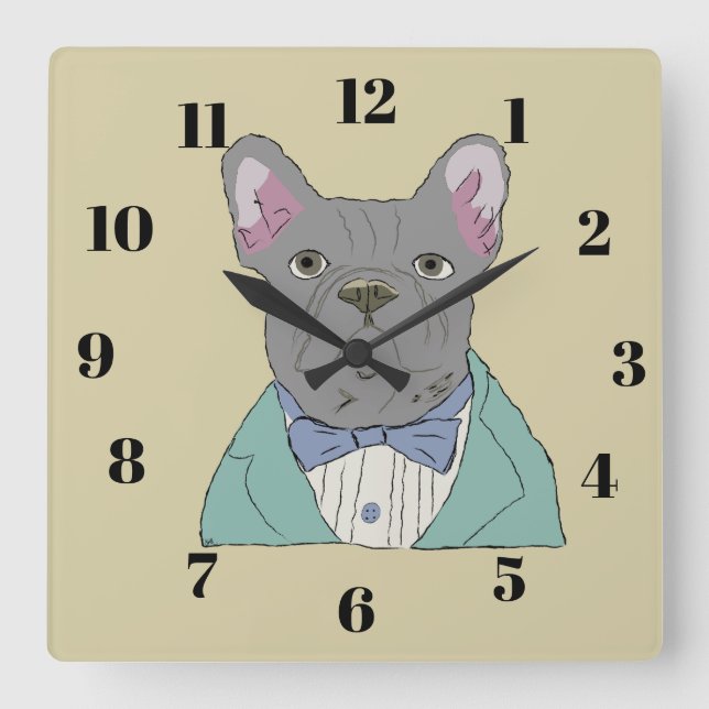 Reloj Cuadrado Bulldog Francés Gris (Anverso)