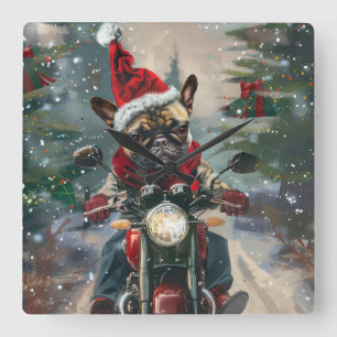 Reloj Cuadrado Bulldog Francés Montando Motocicleta Navidad