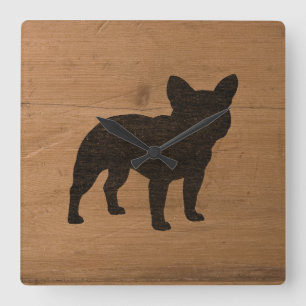 Reloj Cuadrado Bulldog francés Silhouette  Perro Faux Wood French