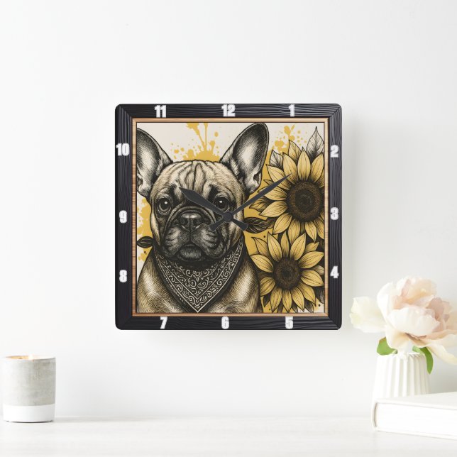 Reloj Cuadrado Bulldog Gráfico de girasol (Hogar)