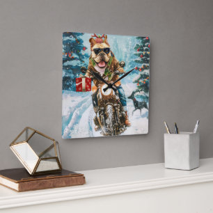 Reloj Cuadrado Bulldog Montando Motocicleta Navidad