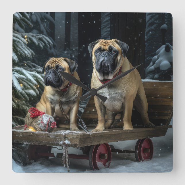 Reloj Cuadrado Bullmastiff Decoración de Navidades Snowy Sleigh (Anverso)